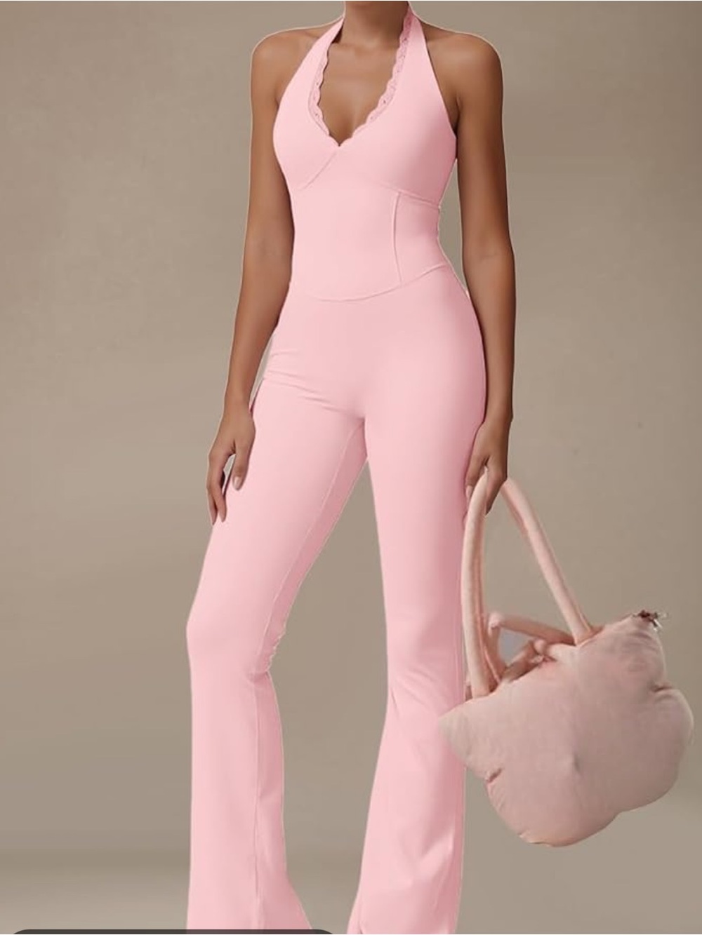 Sleeveless Halter Lace-Trim Flared Jumpsuit in Pale Pink